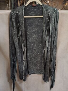 Fringe Open-Front Cardigan Sweater in Washed Gray